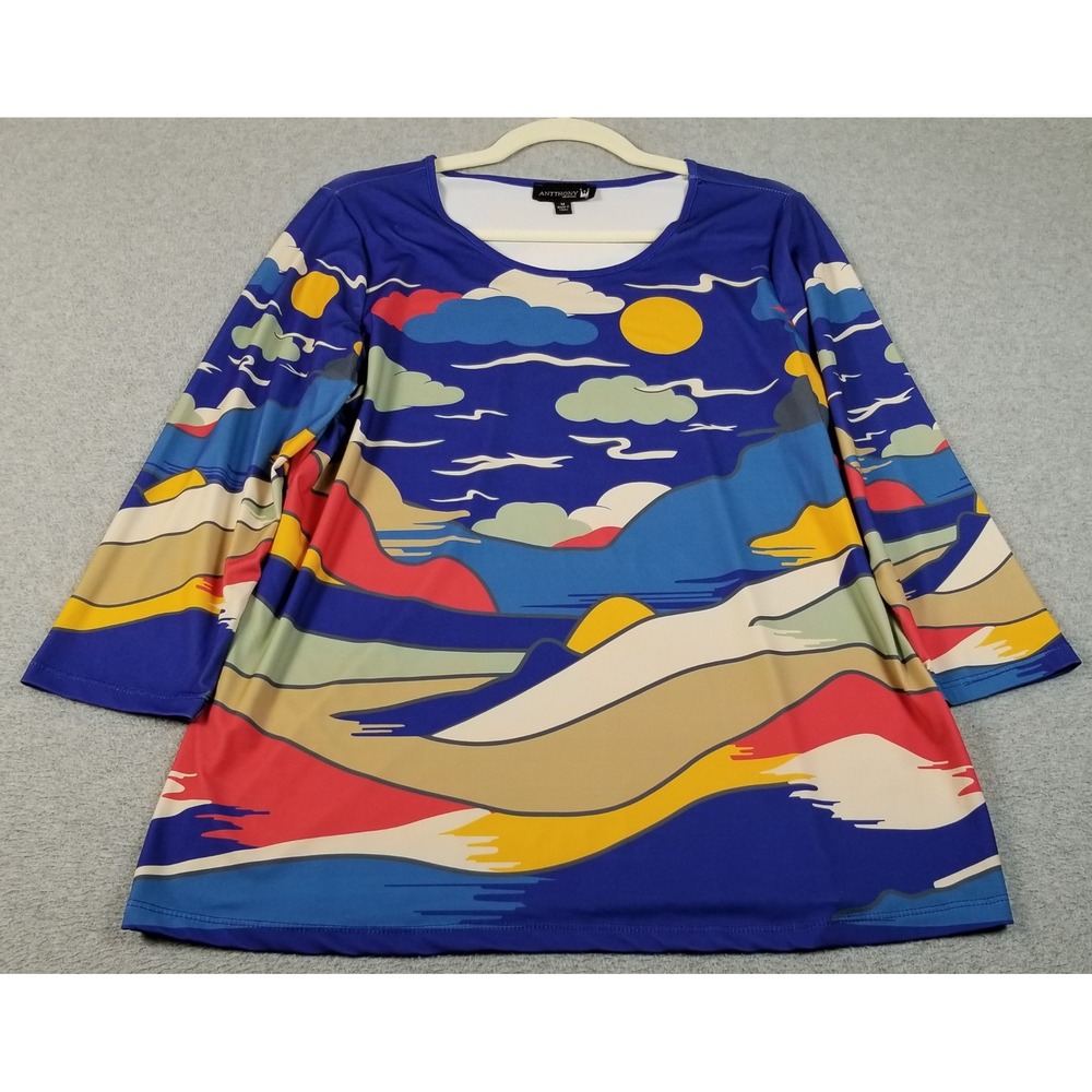 Antthony Top Womens Medium M Landscape Sky Print 3/4 Sleeve Artsy Stretch Blouse